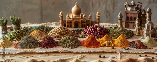 A traditional view of a spice market scene recreated with small heaps of various spices on a burlap cloth photo