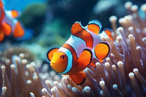 Colorful Clownfish Swimming Among Vibrant Coral in a Tropical Aquarium