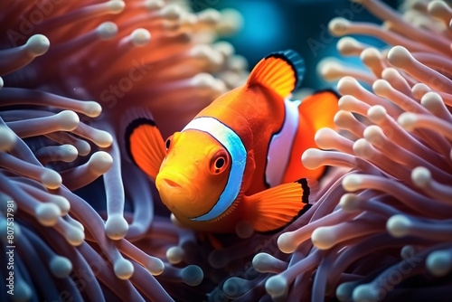 Underwater Life: Clownfish Swimming Among Coral Reef and Anemones in Aquarium photo