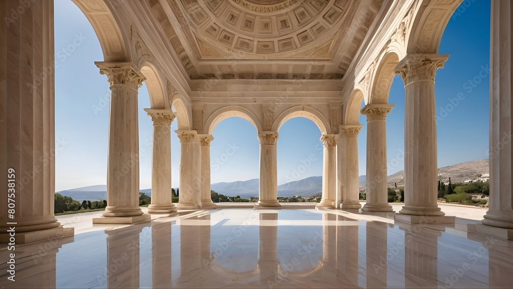 Ancient Greek architecture with symmetrical pillars and a classical marble interior