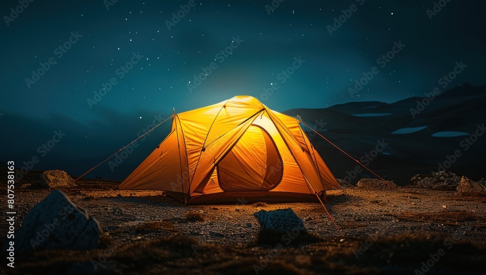 A tent illuminated from within, a cozy shelter amidst the darkness.