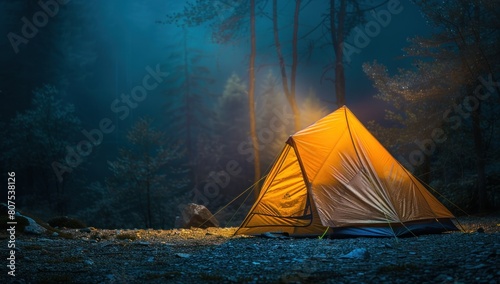 A tent illuminated by the soft glow of a lantern, surrounded by darkness.
