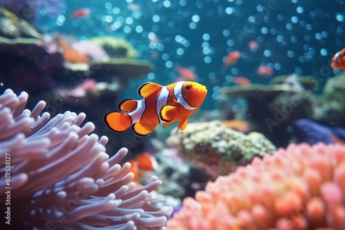 Tropical underwater scene with colorful fish swimming among coral reef and anemone