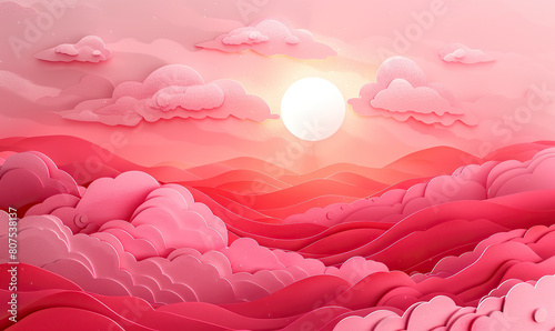 A stylized image of layered mountains with clouds at sunset. Generate AI