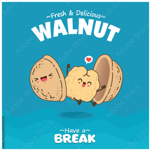 Vintage food poster design with walnut character.