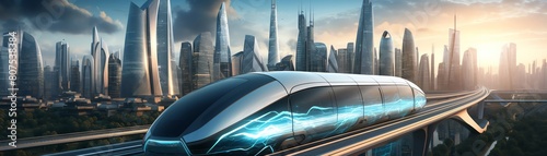 A modern train speeds through a futuristic cityscape at dawn, with tall skyscrapers and a clear sky. photo