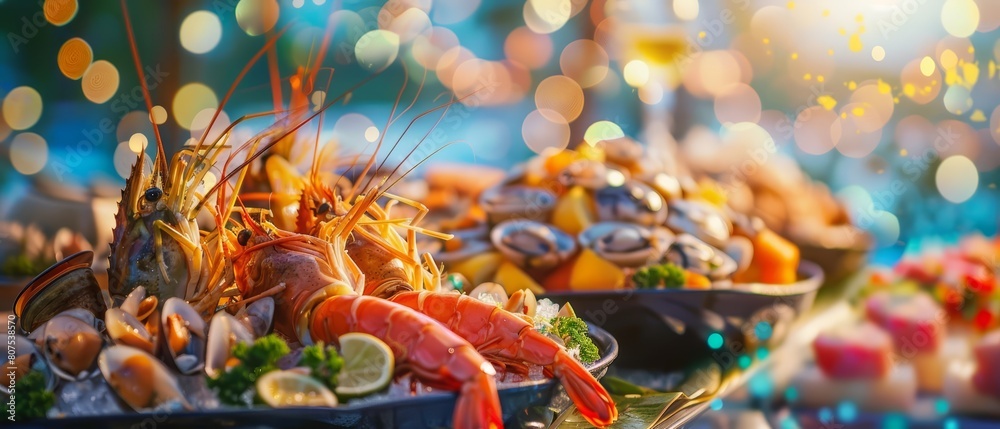 Show Glow HUD big icon group of gourmet seafood dishes, celebrating culinary arts against a softly blurred seaside setting