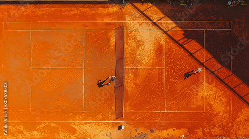 This aerial view captures a dynamic tennis match unfolding on an orange clay court. Two players are engaged in a competitive rally, their movements fluid and focused as they strive for victory. 