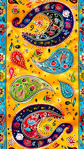 traditional Persian paisley pattern painting, Traditional colorful ink painting style