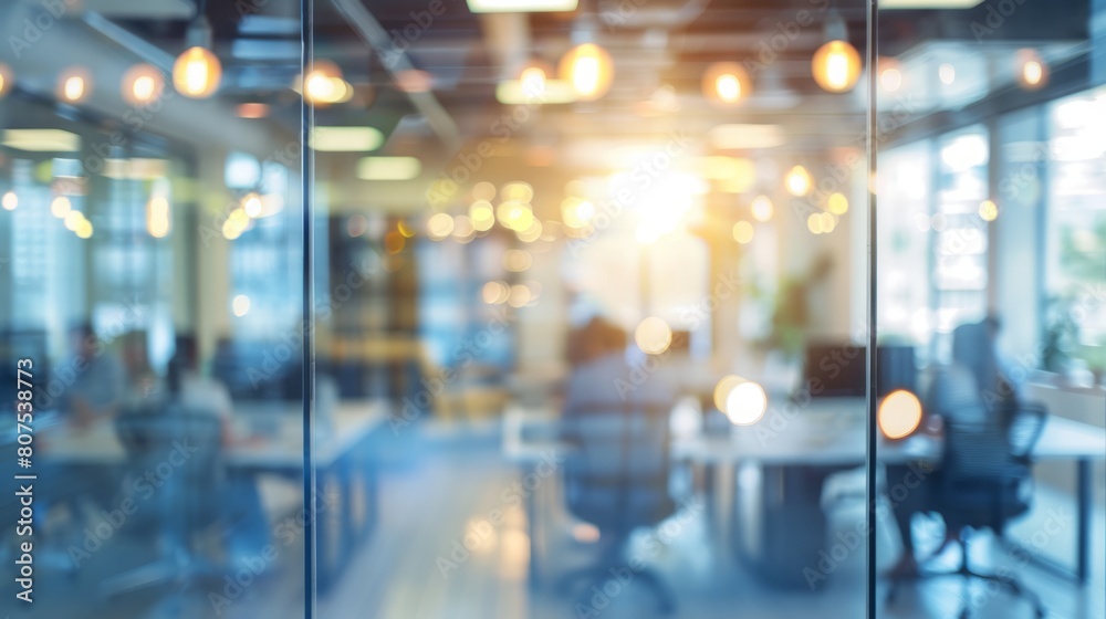 Blurred offices with people working behind glass walls