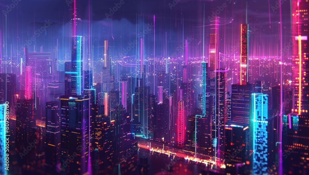 Futuristic cityscape with glowing lines of data flowing through the air.