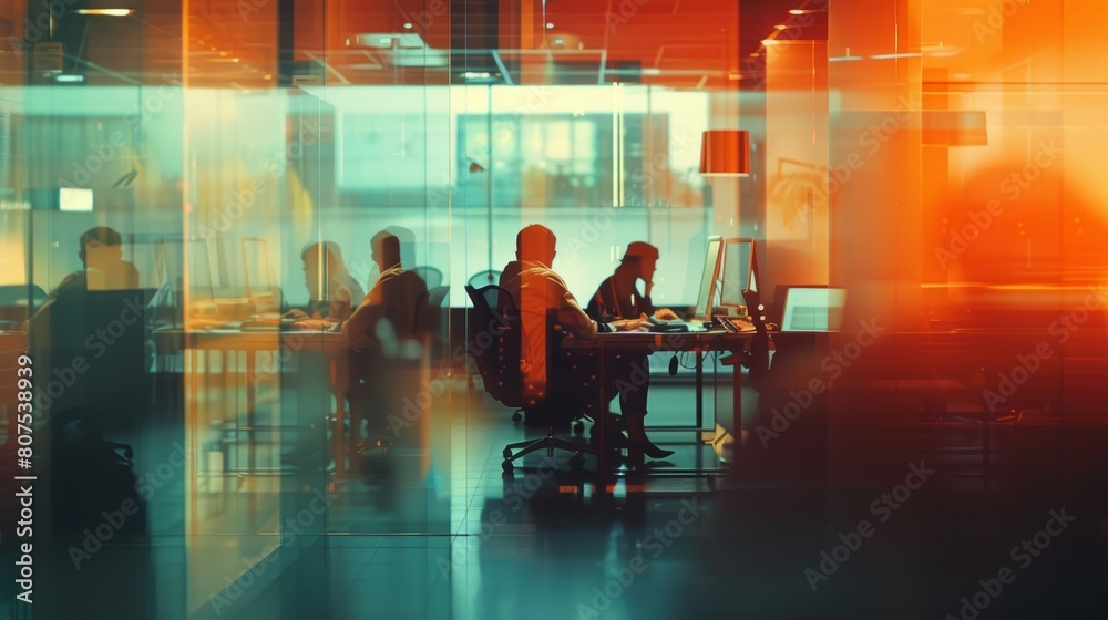 Blurred offices with people working behind glass walls