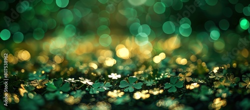 St. Patrick's Day background with green bokeh lights and gold confetti. photo