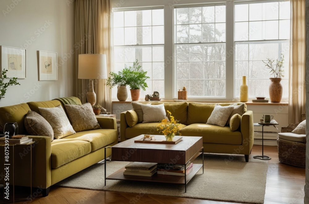 Fototapeta premium Cozy Living Room with Earthy Neutral Tones Modern Decor and Natural Light, beige and dark atmosphere