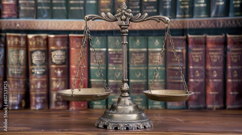 Law court scales on classic bookshelf background
