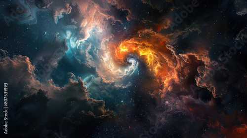 Abstract background of swirling nebulae and stars with two vibrant cosmic clouds colliding in a spectacular display of light and color photo