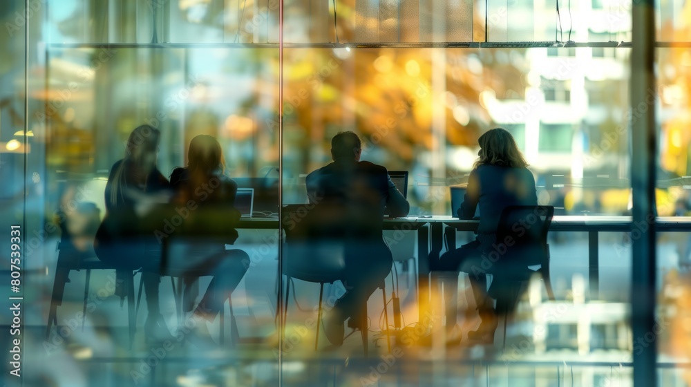 Blurred offices with people working behind glass walls