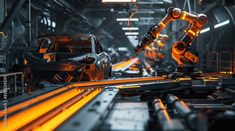 A modern car factory with robot arms on the production line.
