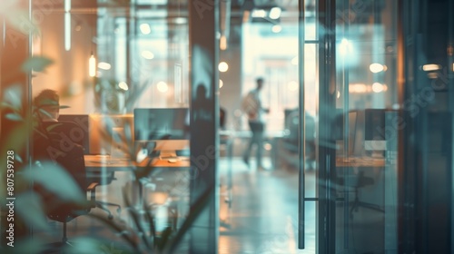 Blurred offices with people working behind glass walls