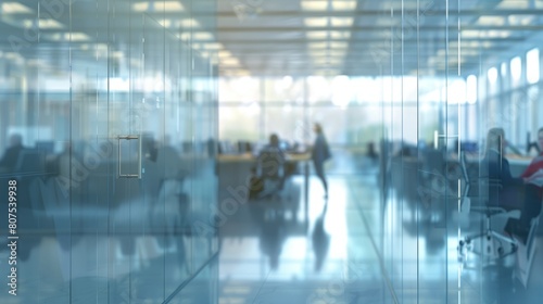 Blurred offices with people working behind glass walls