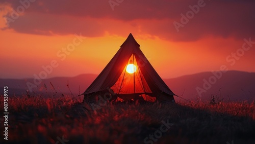 The silhouette of a tent against the backdrop of a fiery sunset.