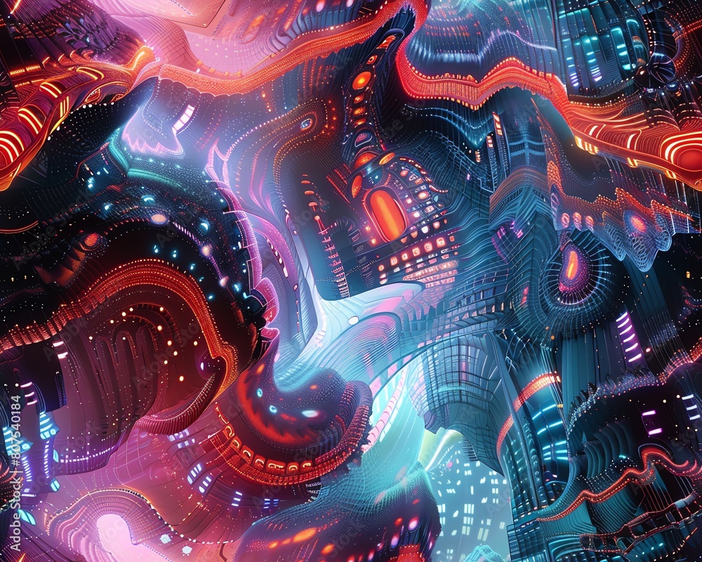 Imagine a surreal digital landscape where abstract shapes morph into mechanized beings against a backdrop of glowing cityscapes Use vibrant hues and intricate details to convey the Imagine a surreal digital landscape where abstract shapes morph into mechanized beings against a backdrop of glowing cityscapes Use vibrant hues and intricate details to convey the