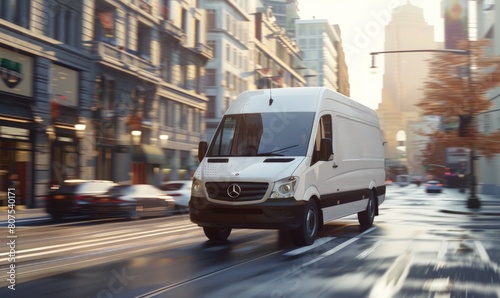 A white delivery van driving through the city in the style of a mockup.