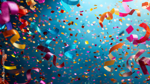 Colorful confetti, ribbon dance in front of a blue background, celebrating the concept of celebration