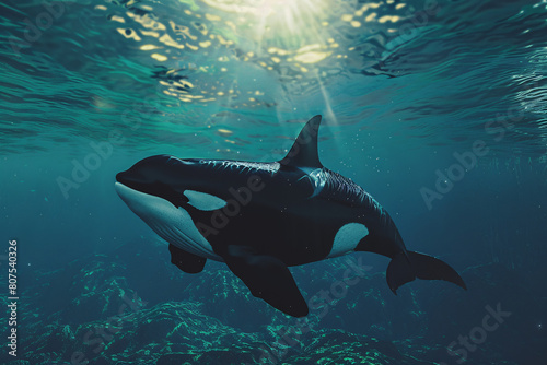 Blue ocean with orca killer whale fin swimming underwater © masud