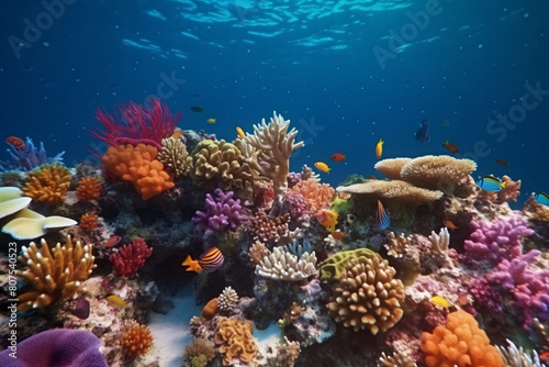Colorful fish swim through a vibrant coral reef in the tropical ocean