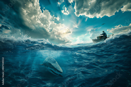 Half under water of the ocean with fisherman in boat above and shark under the ocean. World Ocean Day Illustration.  photo