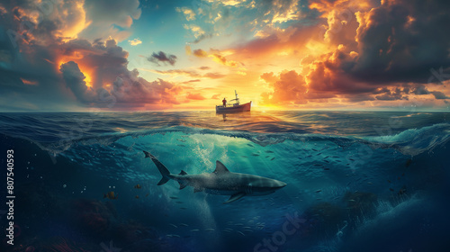 Half under water of the ocean with fisherman in boat above and shark under the ocean at sunset. World Ocean Day Illustration. 