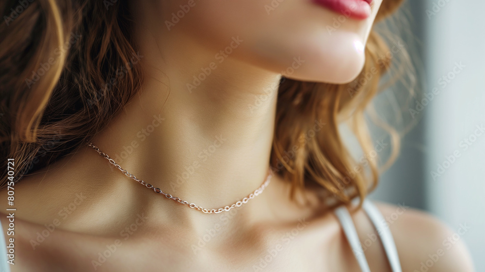 Elegant woman wearing a chain necklace on neck closeup