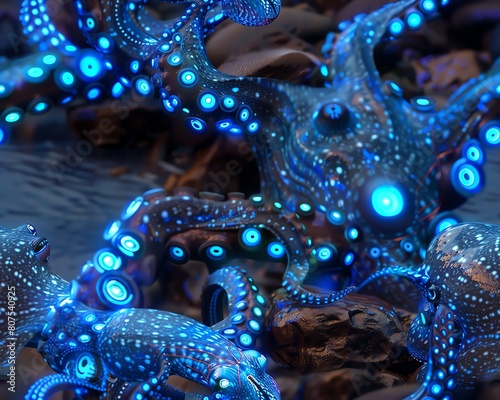 Focus on a robotic octopus camouflaging itself among rocky crevices in a digital underwater masterpiece Detail its electric-blue LEDs mimicking bioluminescent patterns photo