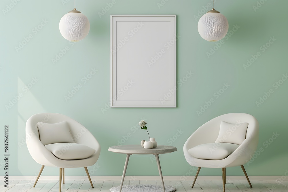 Fototapeta premium Ellipse table and two chairs near mint sofa against light green wall with art frame poster. Scandinavian, mid-century home interior design of modern living room.