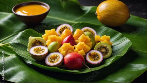 mix fruits served on banana leaf  fruit salad on banana leaf  summer tropical fruits