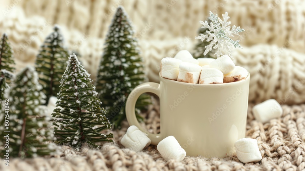 Inviting cup of cocoa with marshmallows, nestled among winter decor, ideal for festive drink and lifestyle marketing. Inviting cup of cocoa with marshmallows, nestled among winter decor, ideal for festive drink and lifestyle marketing.