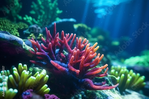 Colorful tropical fish swim among a vibrant coral reef in the warm waters of the ocean