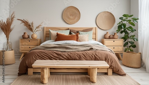 Scandinavian interior design of modern bedroom. Bench near bed with brown bedding and wooden bedside cabinets.