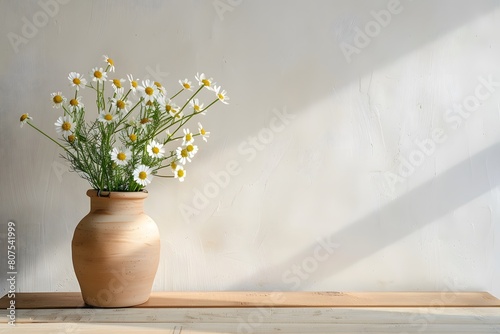 Wooden table with beige clay vase with bouquet of chamomile flowers near empty, blank white wall. Home interior background with copy space.