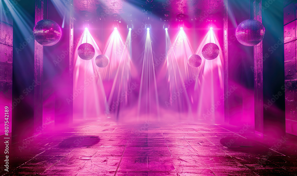 A vibrant, neon-lit stage with shiny disco balls, creating a lively party atmosphere. Generate AI