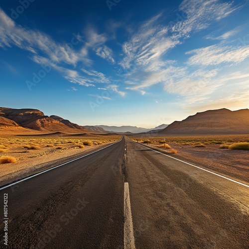 A straight road leading to a further destination in the morning desert