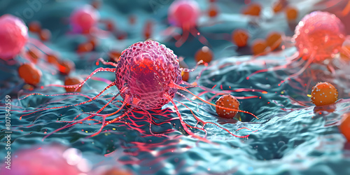 A blue background shows a virus and a cell with a red substance photo