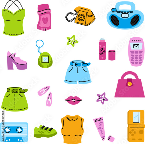 Set of stickers in style of 2000s. Clothing, cosmetics and electronics. Vector collection of elements.