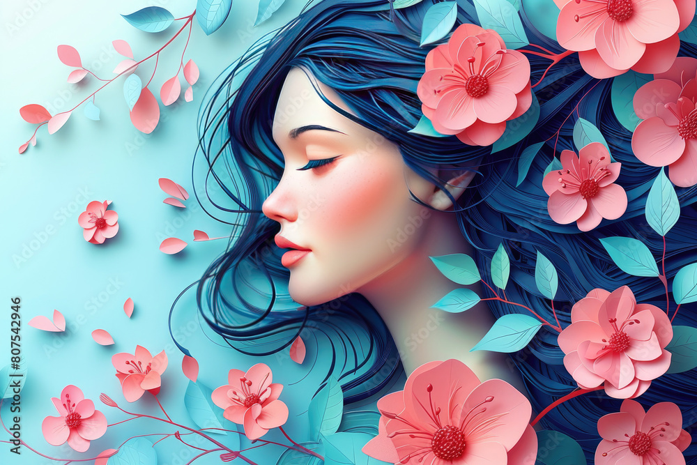 3D paper art of a beautiful woman with long black hair, surrounded in the style of coral pink and teal flowers. Created with Ai