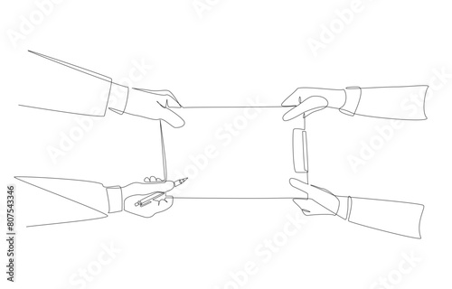 Continuous one line drawing of hands of employee handing document to manager for signature, work handover concept, single line art.