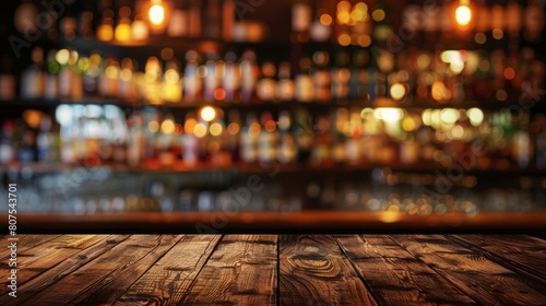 Wooden desk of a bar, blurry bar background, copy and text space, concept: product presentation beverage, 16:9 photo