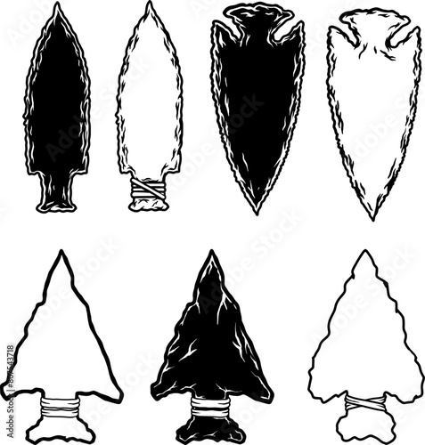 Illustration of stone arrowhead. Design element for poster, card, banner, logo, emblem. Vector illustration