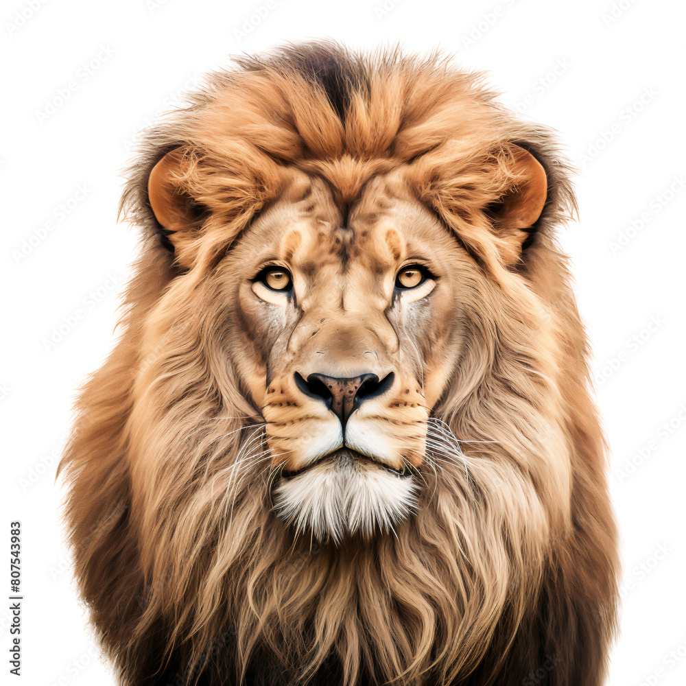 The face of a male African lion, looking straight into the camera. Isolated on transparent background