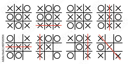Set tic tac toe in hand drawn style. X-O game. Editable stroke.